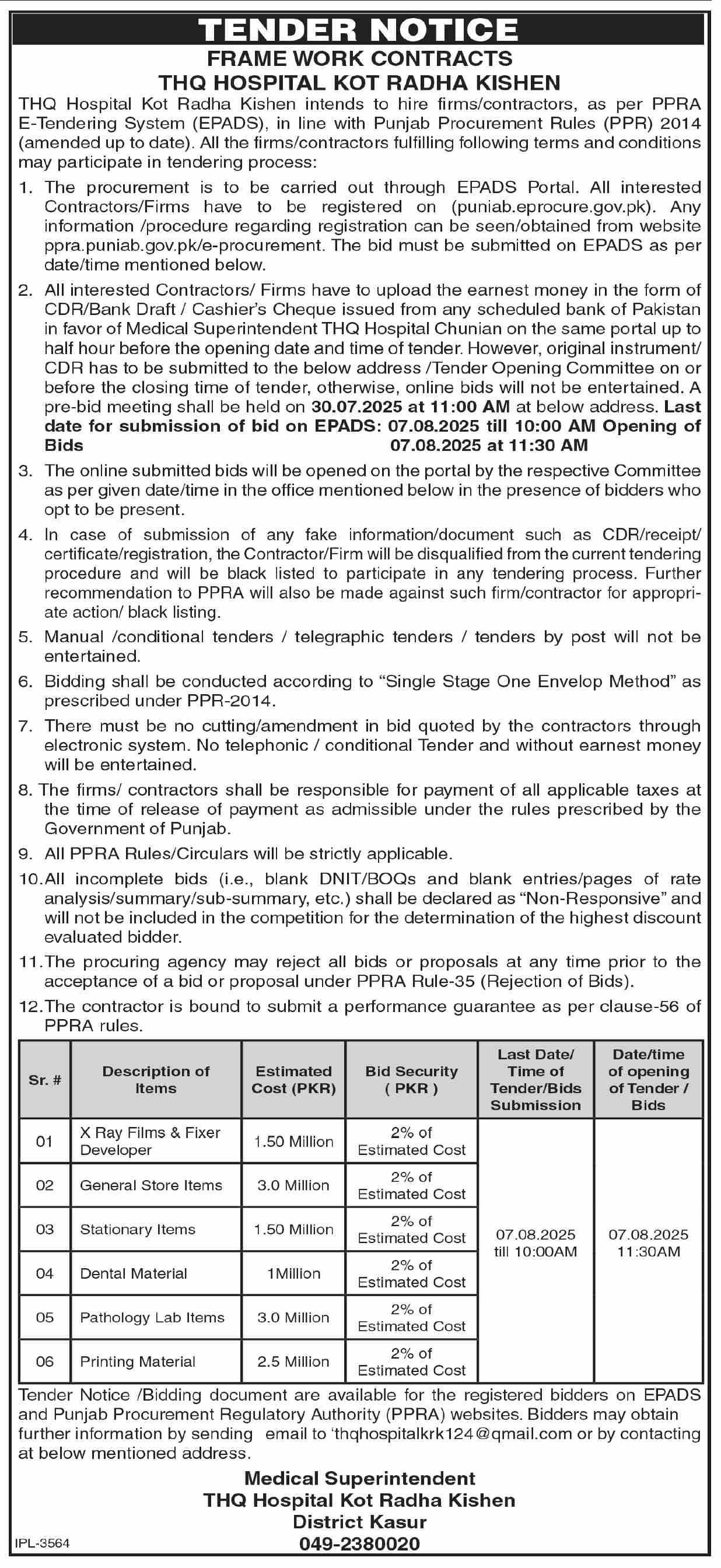 THQ Hospital Kishen Tender Notice